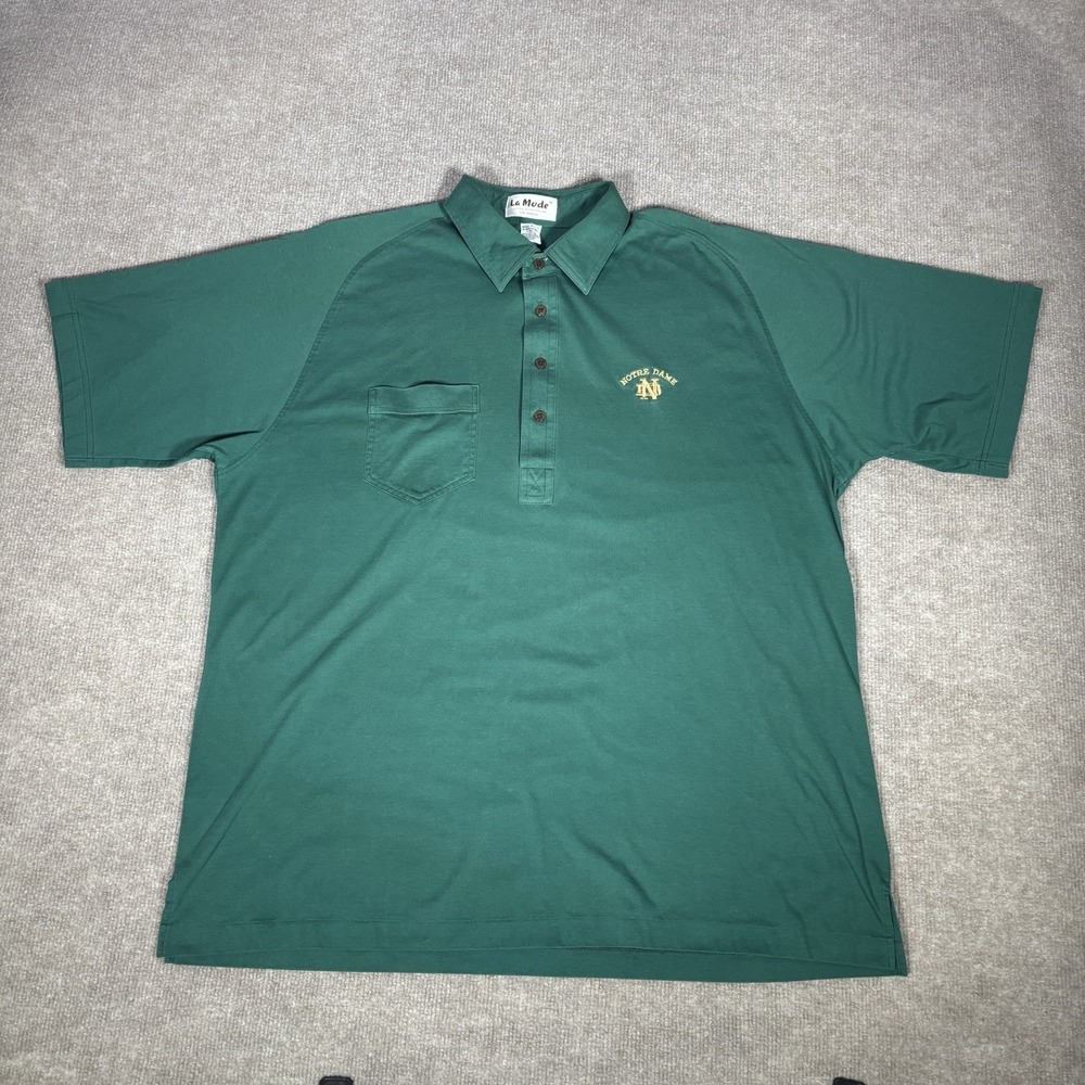 Vintage 80s Notre Dame Fighting Irish Polo Shirt Mens XL Green Logo La‎ Mode